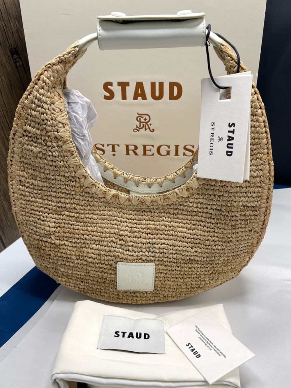 $395 STAUD for St. Regis Chic Moon Tote Bag Natural/Paper NWT - Picture 2 of 16